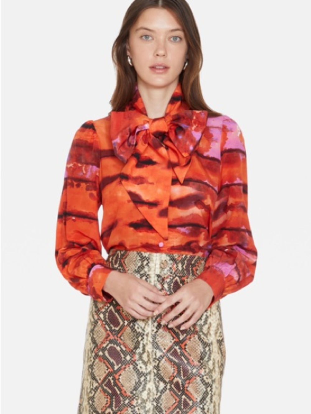 Marie Oliver Felix Silk Blouse in “Cabo Sunset” Orange Maroon XL